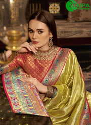 Attractive Lime Yellow Color Silk Designer traditional Wear Saree With Weaving Work